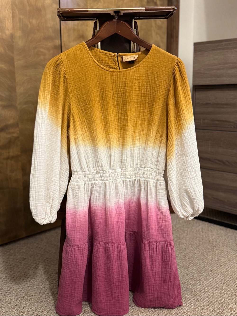 Ombre Gauze Tiered Dress in Mustard, Cream & Pink